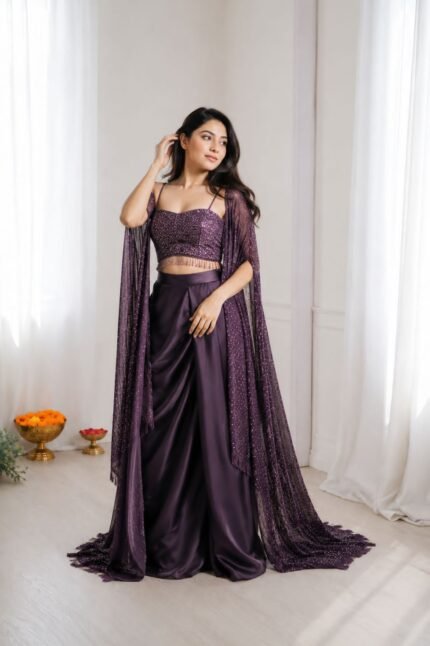 Embroidery Work Shrug With Choli & Draped Skirt
